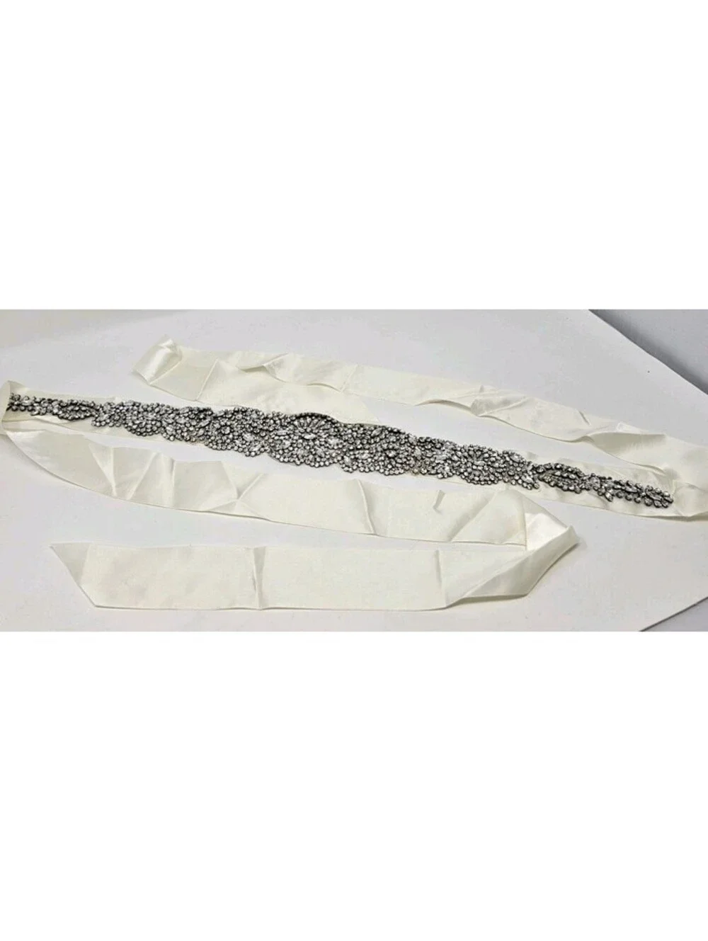 Woman’s Bridal Belt Silver Rhinestones Cream Satin Ribbon 102” L Vintage Wedding